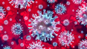 Blue Coronavirus Against Red Background